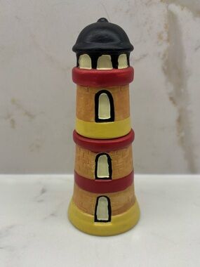 Hand-Painted Lighthouse Stacking Salt and Pepper Shakers Yellow, Red, Black